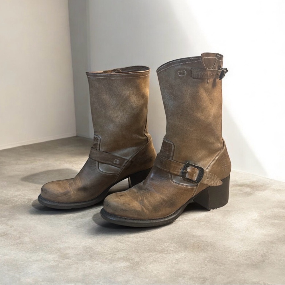 Frye Tan Leather Boots Stacked Heel